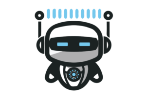 A robot with blue eyes and black hair.