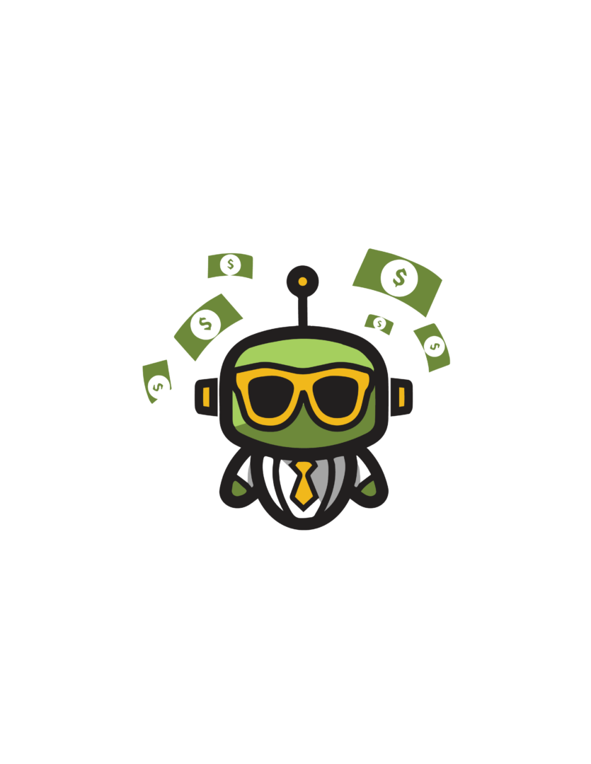 A green robot with glasses and money coming out of its head.