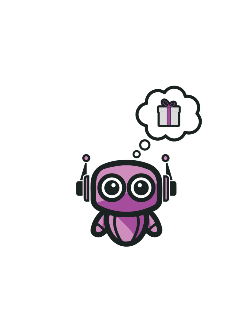 A purple robot with headphones and a thought bubble.