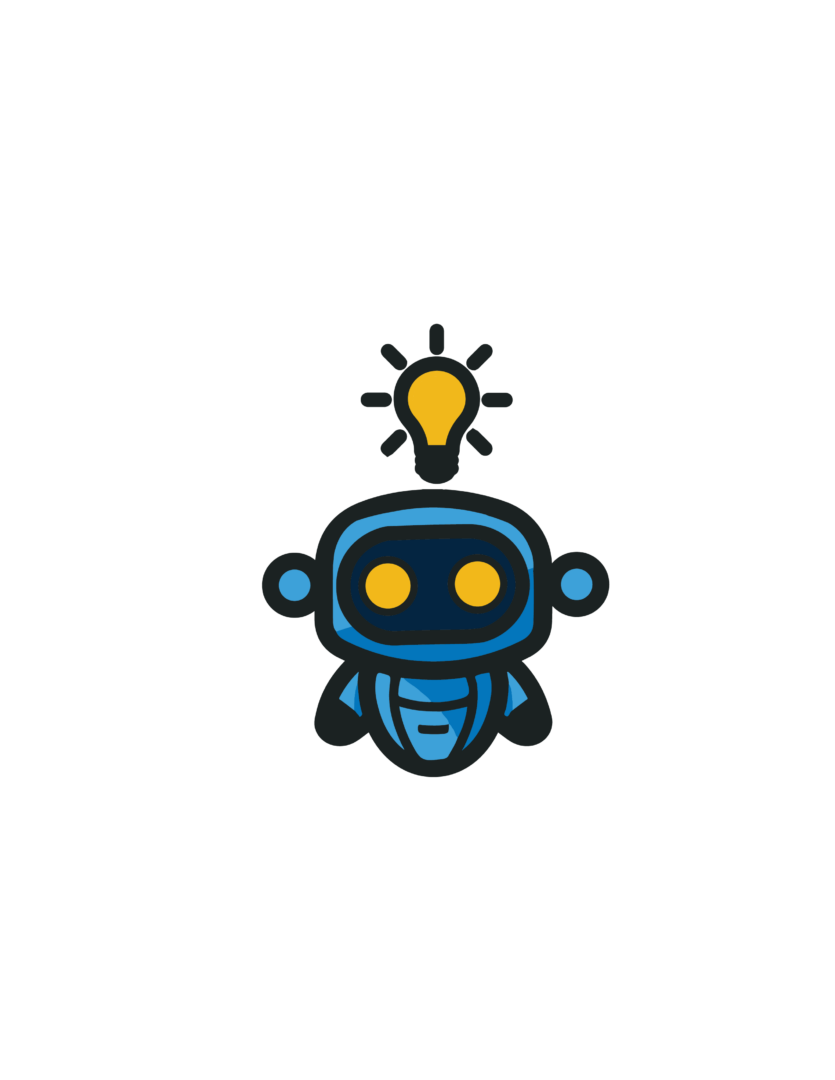 A blue robot with yellow eyes and a light bulb on its head.