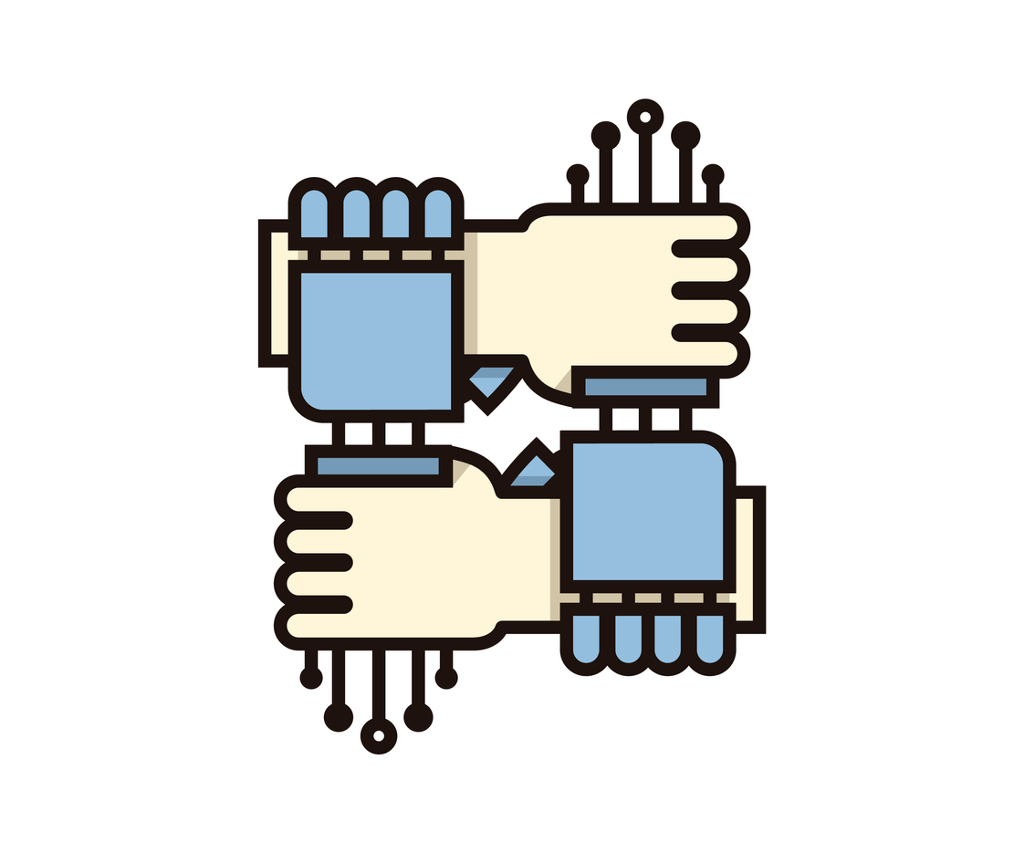 Two hands connected to each other with microchips.