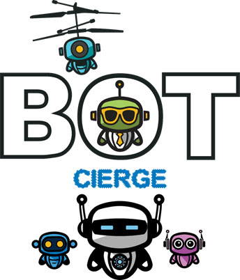 A group of robots that are standing in front of the word bot.